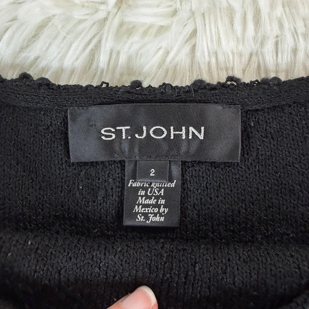 St. John Black Textured‎ Knit Boucle Tweed Fringe Trim Pencil Skirt Size 2 - Picture 4 of 14